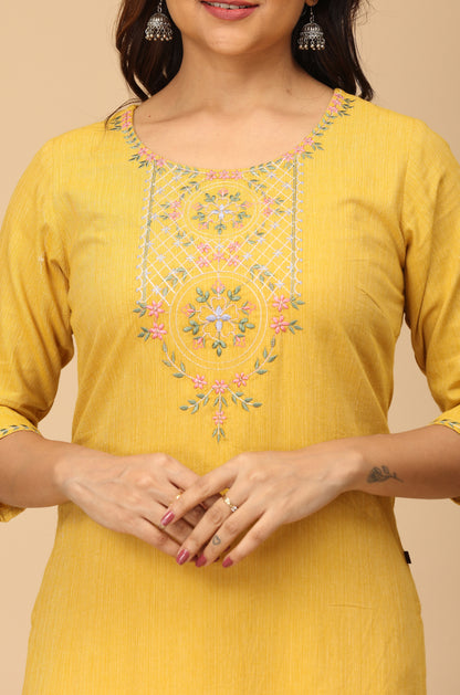 Mustard Khadi Embroidery Kurti