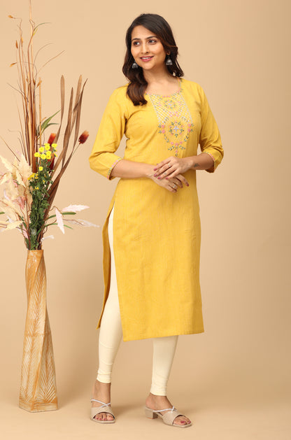 Mustard Khadi Embroidery Kurti