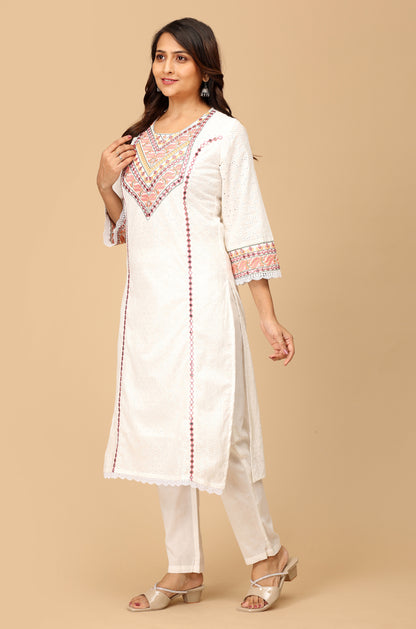White Schiffli Embroidery Straight Kurti Set - 3Pcs