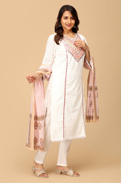 White Schiffli Embroidery Straight Kurti Set - 3Pcs