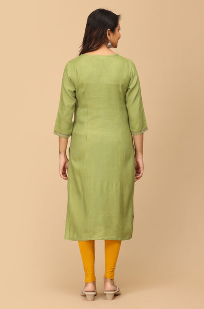 Green Matty Embroidery Straight Kurti