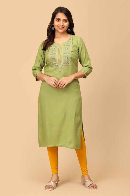 Green Matty Embroidery Straight Kurti