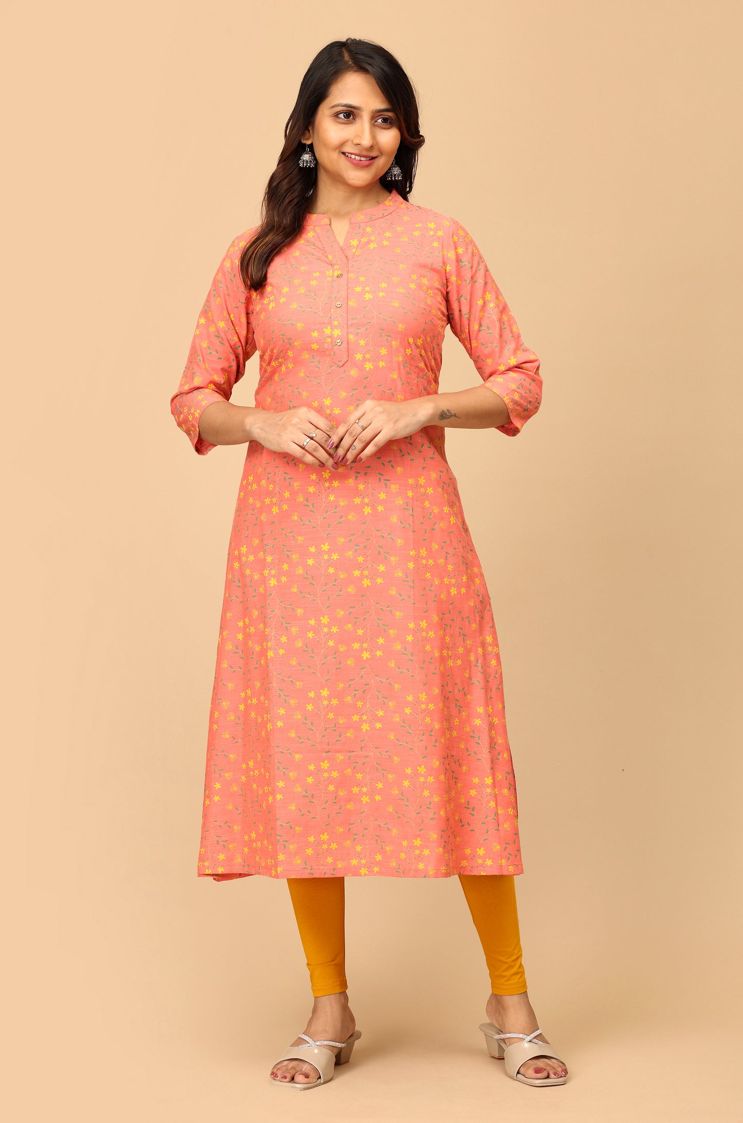 Peach Rayon Slub Printed A-Line Kurti