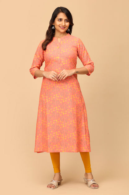 Peach Rayon Slub Printed A-Line Kurti