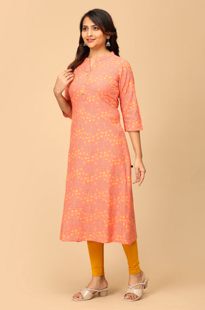Peach Rayon Slub Printed A-Line Kurti