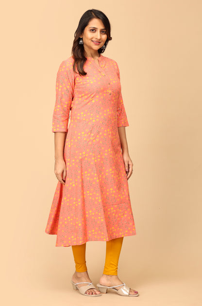 Peach Rayon Slub Printed A-Line Kurti