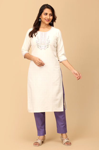 Off White Viscose Embroidery Straight Kurti