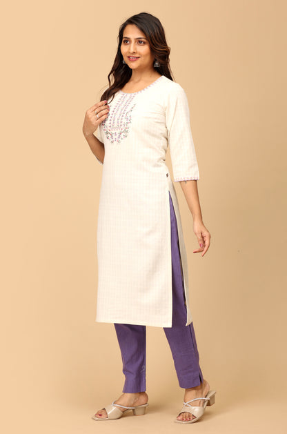Off White Viscose Embroidery Straight Kurti