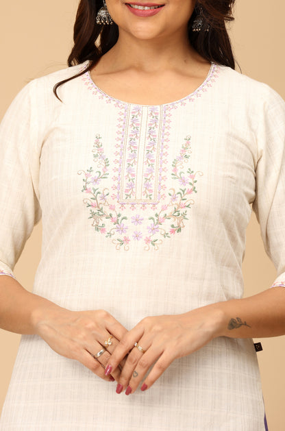 Off White Viscose Embroidery Straight Kurti
