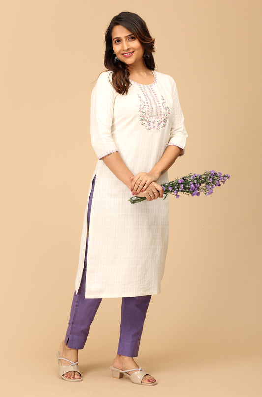 Off White Viscose Embroidery Straight Kurti