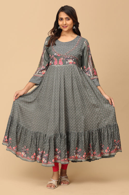 Grey Cotton Printed & Handwork Anarkali with Frills