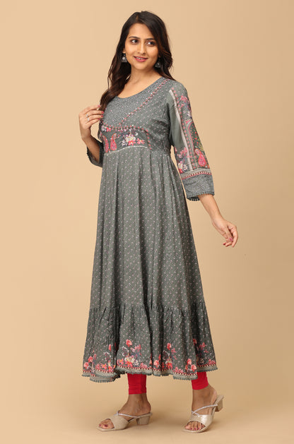 Grey Cotton Printed & Handwork Anarkali with Frills