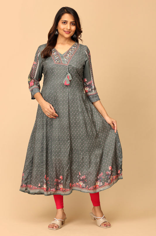 Grey Cotton Printed & Handwork A-Line Anarkali