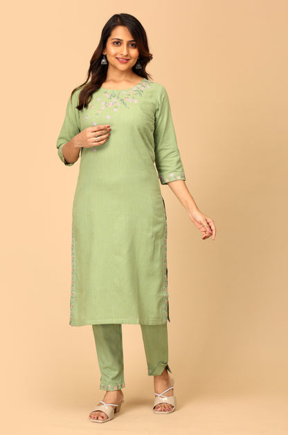 Pistachio Khadi Embroidery Straight Kurti Set - 2Pcs