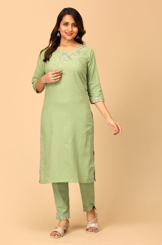 Pistachio Khadi Embroidery Straight Kurti Set - 2Pcs