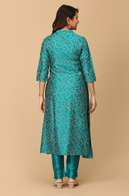 Peacock Green Slub Silk Printed A-Line Kurti Set - 2Pcs