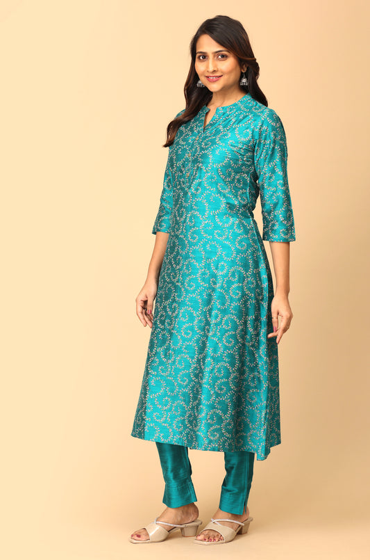 Peacock Green Slub Silk Printed A-Line Kurti Set - 2Pcs