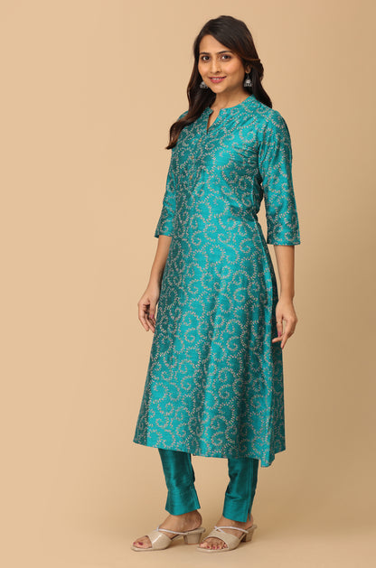 Peacock Green Slub Silk Printed A-Line Kurti Set - 2Pcs