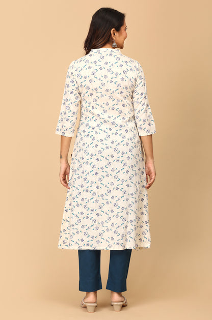 Off White Viscose Printed A-Line Kurti