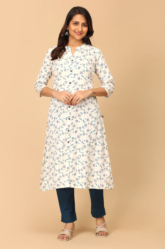 Off White Viscose Printed A-Line Kurti