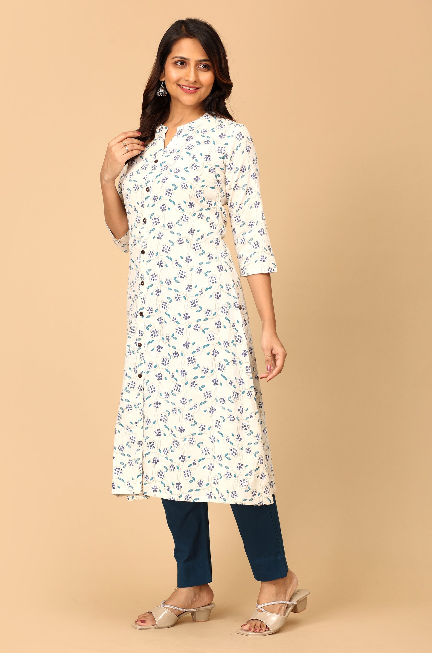 Off White Viscose Printed A-Line Kurti