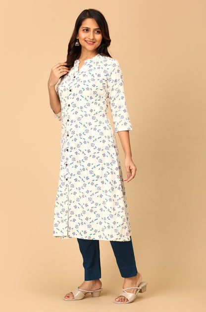 Off White Viscose Printed A-Line Kurti