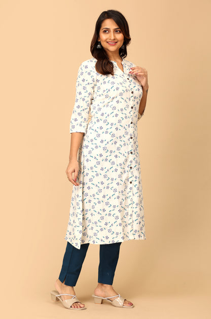 Off White Viscose Printed A-Line Kurti