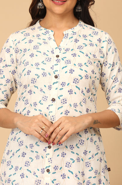Off White Viscose Printed A-Line Kurti