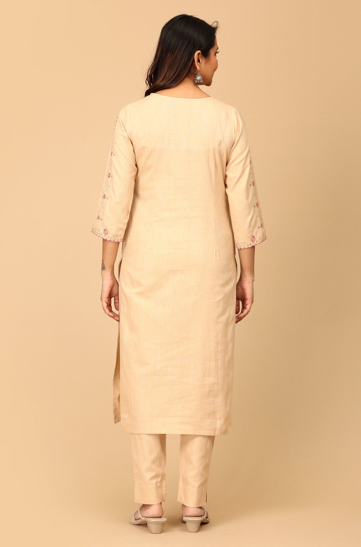 Beige Khadi All over Embroidery Straight Kurti Set - 2Pcs