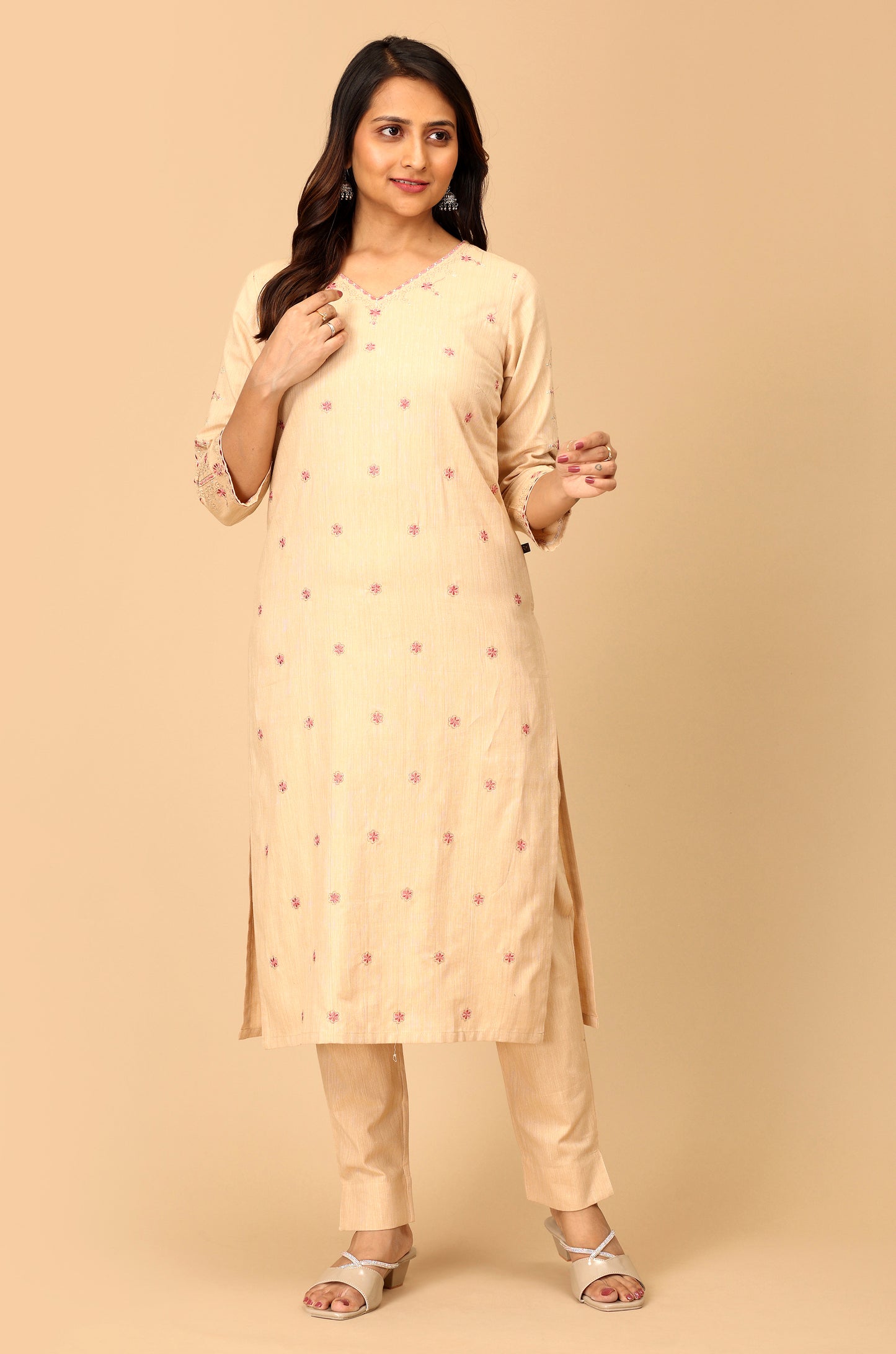 Beige Khadi All over Embroidery Straight Kurti Set - 2Pcs