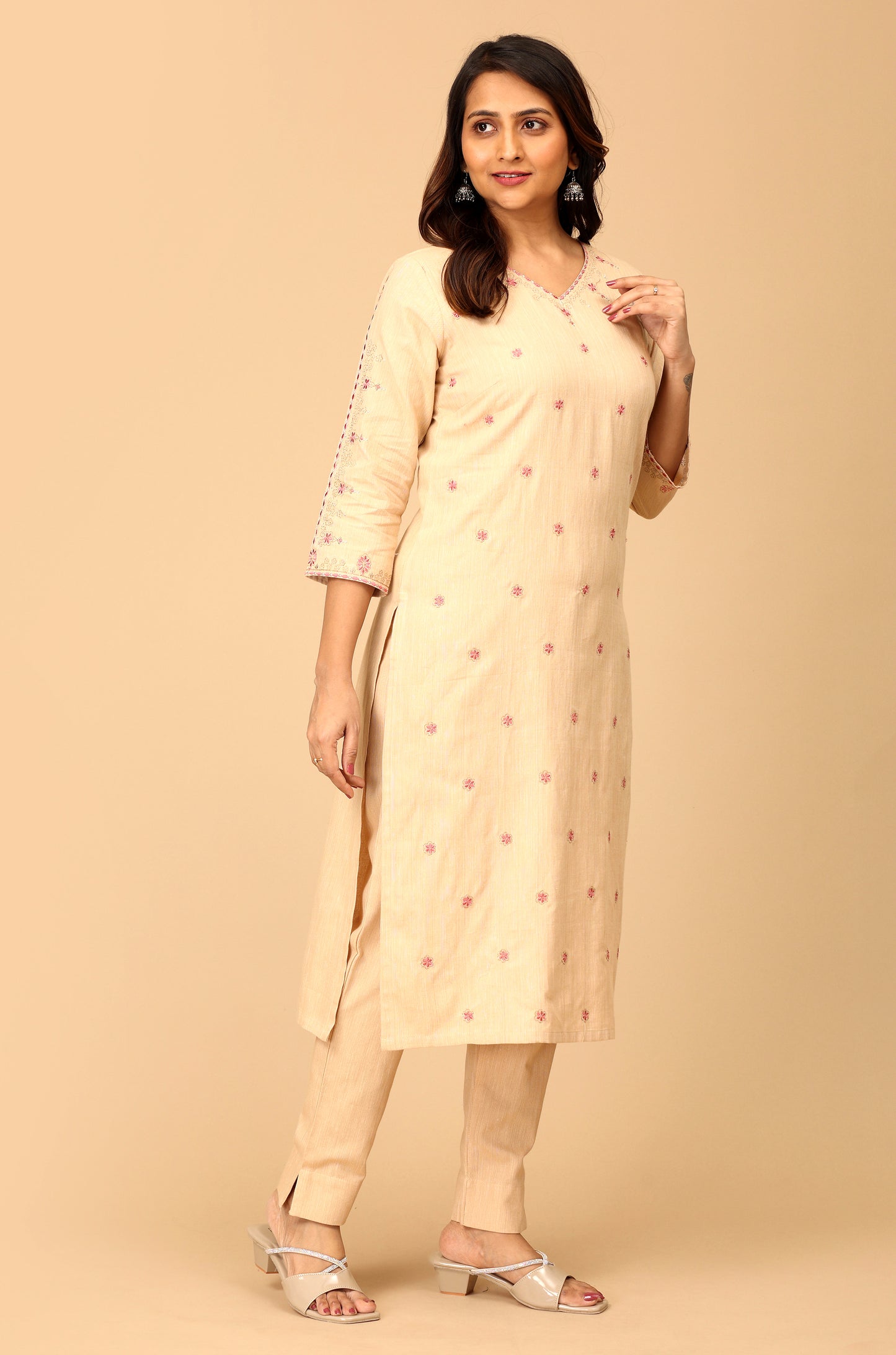 Beige Khadi All over Embroidery Straight Kurti Set - 2Pcs