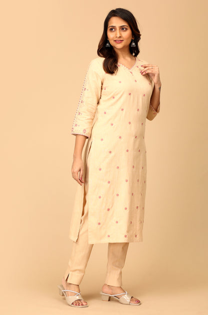 Beige Khadi All over Embroidery Straight Kurti Set - 2Pcs