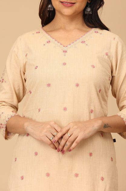 Beige Khadi All over Embroidery Straight Kurti Set - 2Pcs