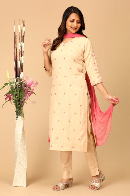 Beige Khadi All over Embroidery Straight Kurti Set - 2Pcs