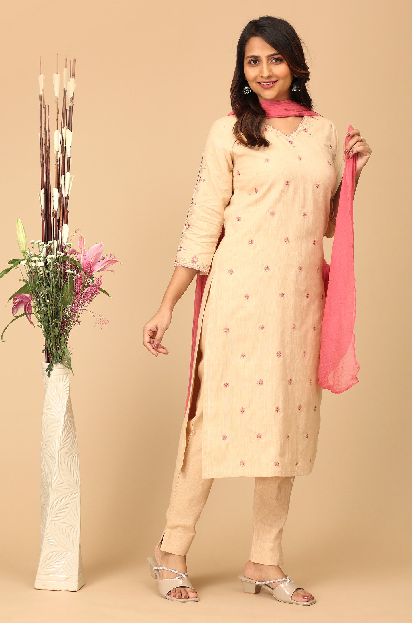 Beige Khadi All over Embroidery Straight Kurti Set - 2Pcs