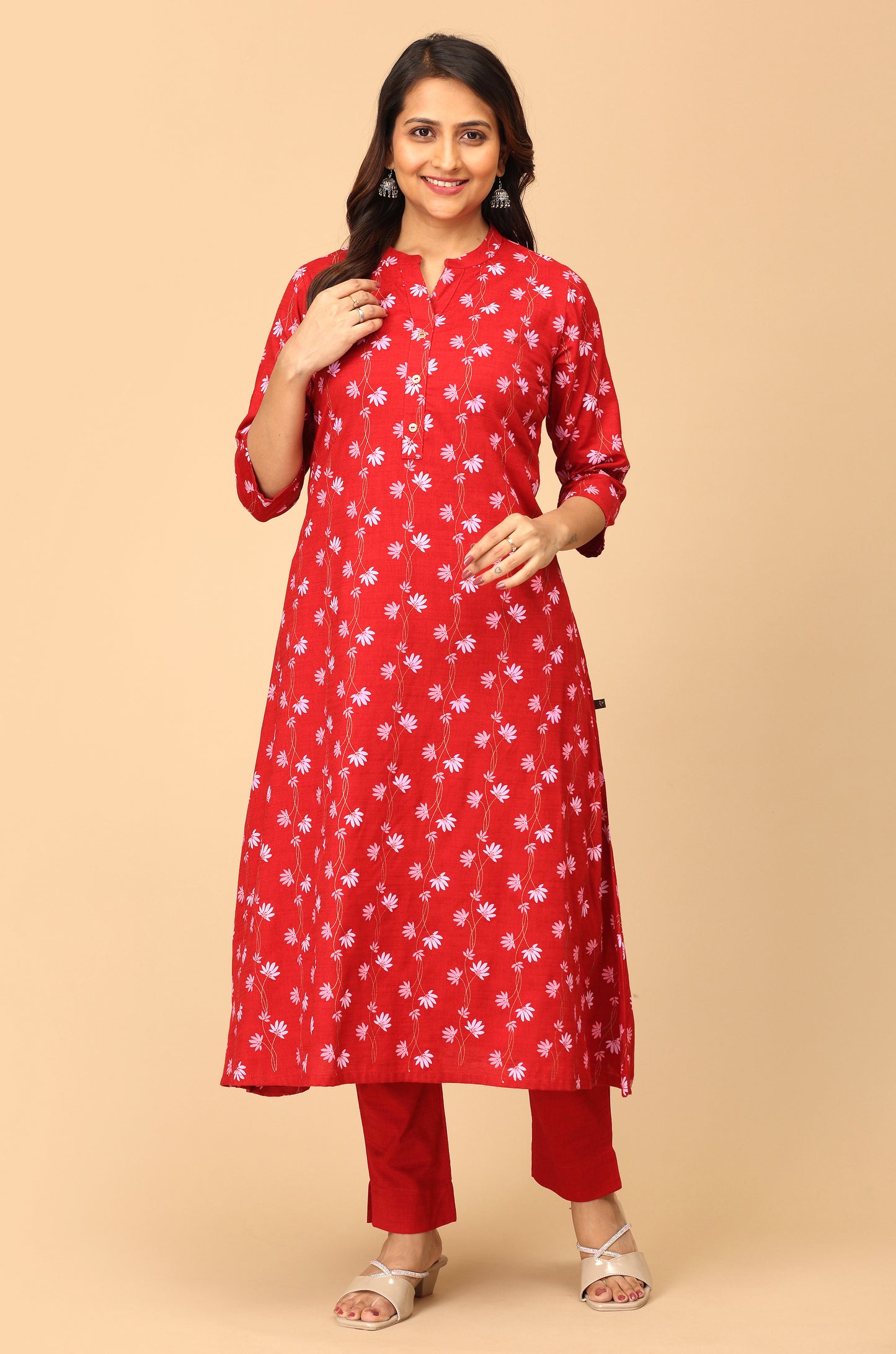 Maroon Rayon Slub Printed A-Line Kurti