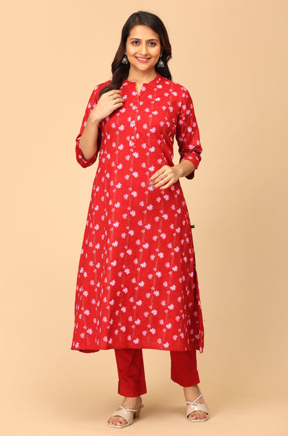 Maroon Rayon Slub Printed A-Line Kurti