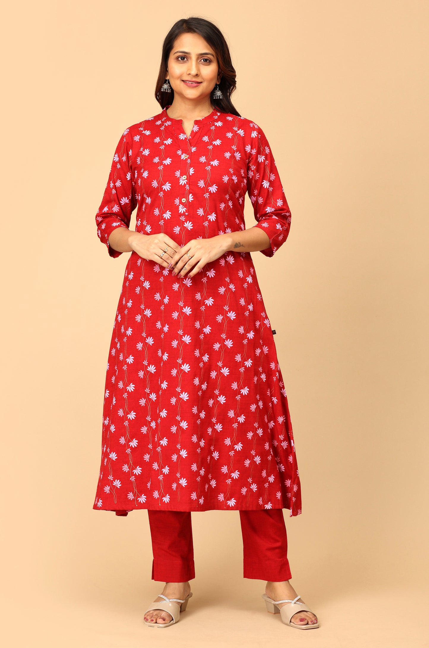 Maroon Rayon Slub Printed A-Line Kurti