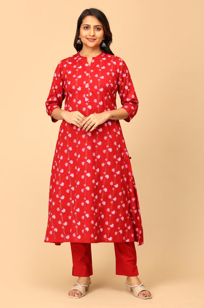 Maroon Rayon Slub Printed A-Line Kurti