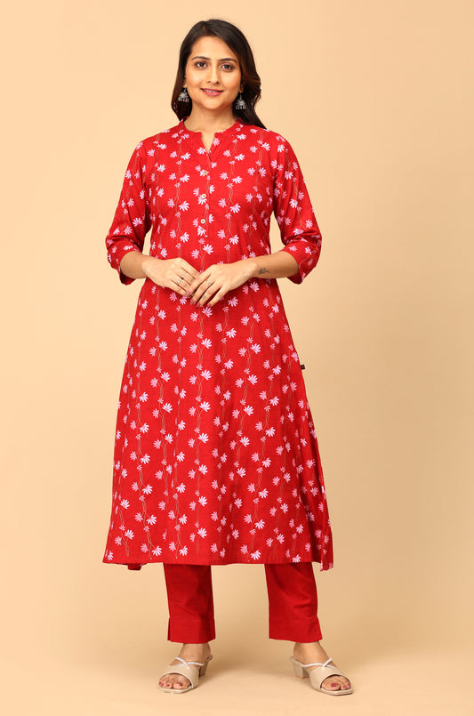 Maroon Rayon Slub Printed A-Line Kurti
