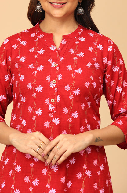 Maroon Rayon Slub Printed A-Line Kurti