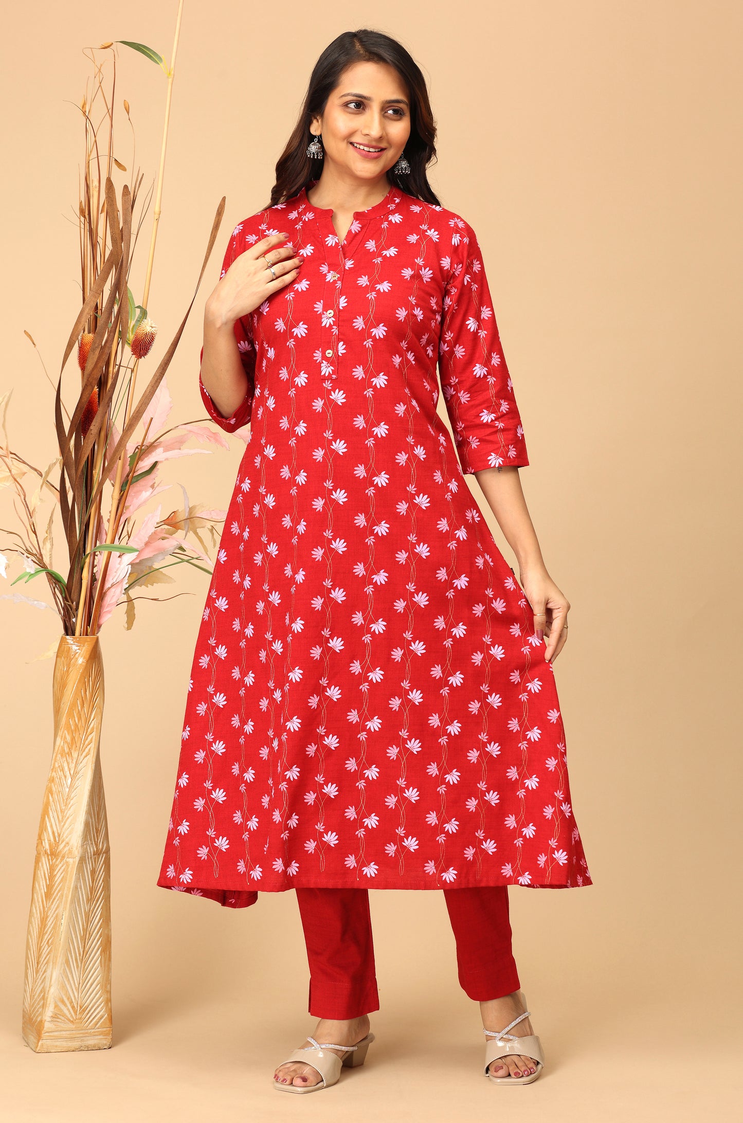 Maroon Rayon Slub Printed A-Line Kurti