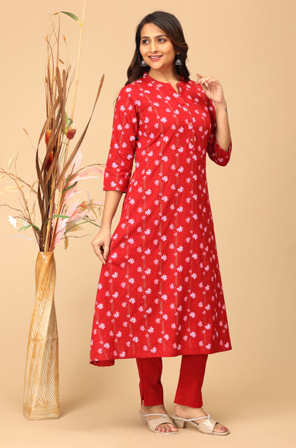 Maroon Rayon Slub Printed A-Line Kurti