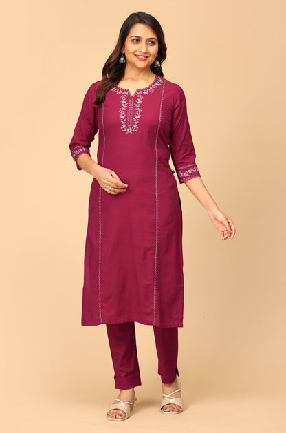 Magenta Rayon Slub Embroidery Straight Kurti Set - 2Pcs
