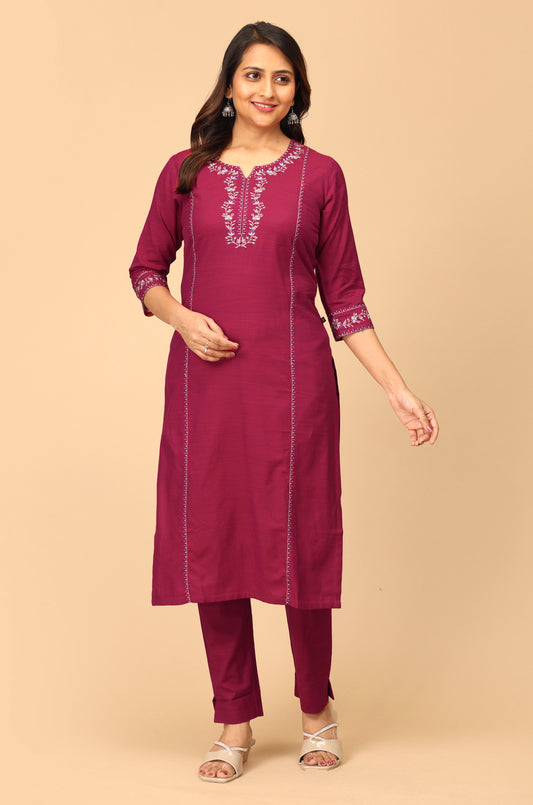 Magenta Rayon Slub Embroidery Straight Kurti Set - 2Pcs