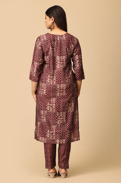 Wine Modal Printed Kurti Set - 2 Pcs