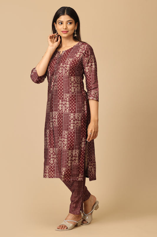 Wine Modal Printed Kurti Set - 2 Pcs