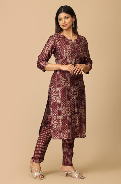 Wine Modal Printed Kurti Set - 2 Pcs