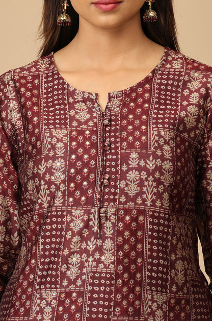Wine Modal Printed Kurti Set - 2 Pcs
