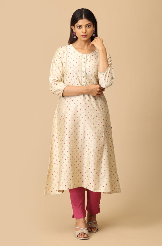 Beige Printed A-Line Lace work Kurti